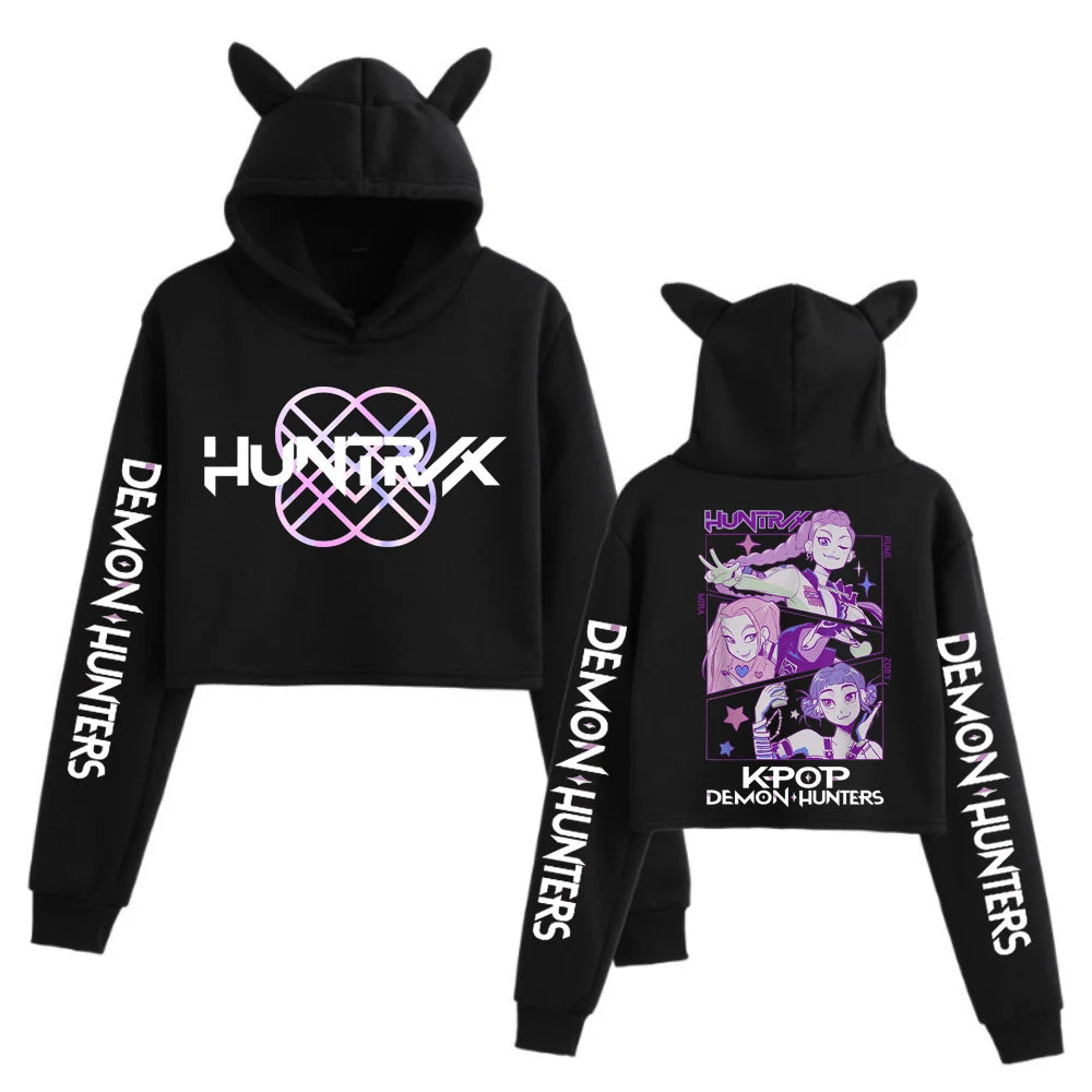 Kpop Demon Hunters Cat Ears Crop Top Hoodie | Girls Fashion Long Sleeve Sweatshirt