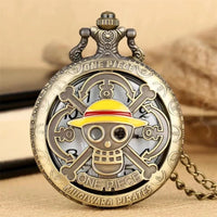 One Piece Antique Bronze Pirate Skull Quartz Pocket Watch Necklace