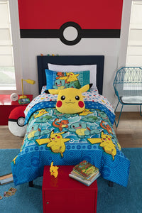 Pokemon 4 Piece Bedding Set Twin Size Polyester Comforter Sheets Pillowcase
