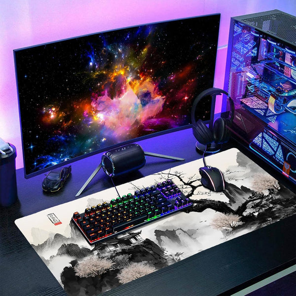 Anime Japanese Cherry Blossom Mouse Pad XXL | Sakura Tree and Mountain Design | Extended Gaming Desk Mat
