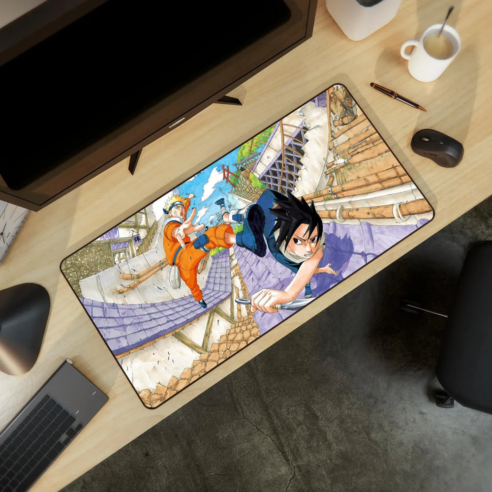 Naruto and Sasuke Rooftop Action Gaming Mouse Pad | Extra Large Anime Desk Mat