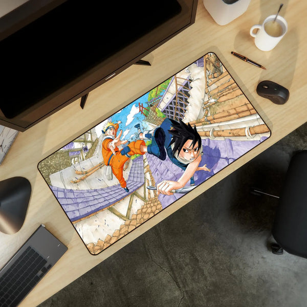 Naruto and Sasuke Rooftop Action Gaming Mouse Pad | Extra Large Anime Desk Mat