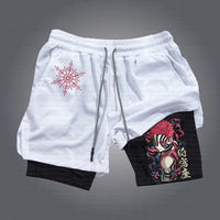 Demon Slayer White Training Shorts Akaza Print | Double-Layered Athletic Shorts with Red Accents