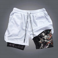 Demon Slayer White Training Shorts Akaza Print | Double-Layered Athletic Shorts with Red Accents