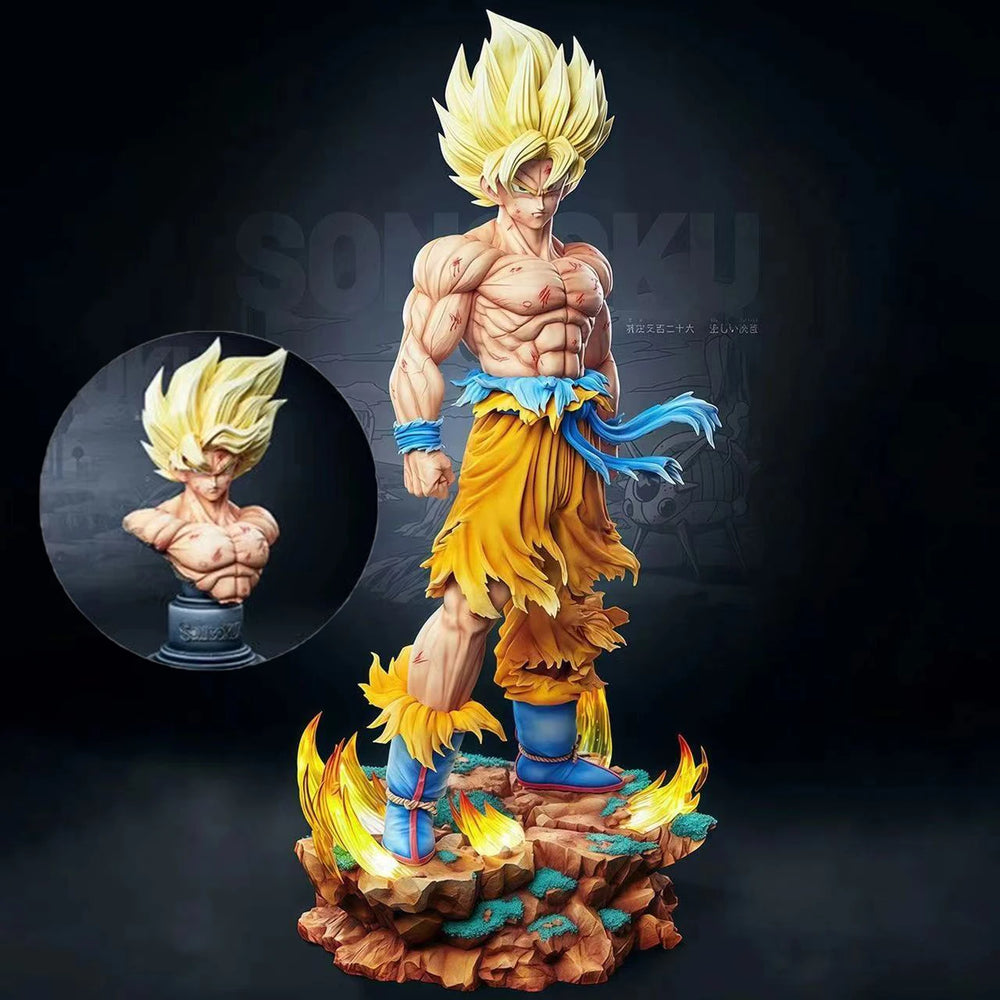 Dragon Ball Z Son Goku Super Saiyan Statue – Replaceable Heads LED Base