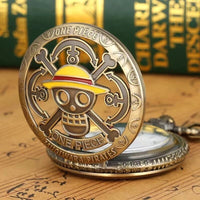 One Piece Antique Bronze Pirate Skull Quartz Pocket Watch Necklace