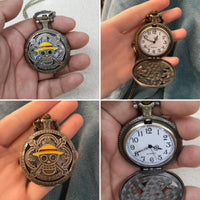 One Piece Antique Bronze Pirate Skull Quartz Pocket Watch Necklace