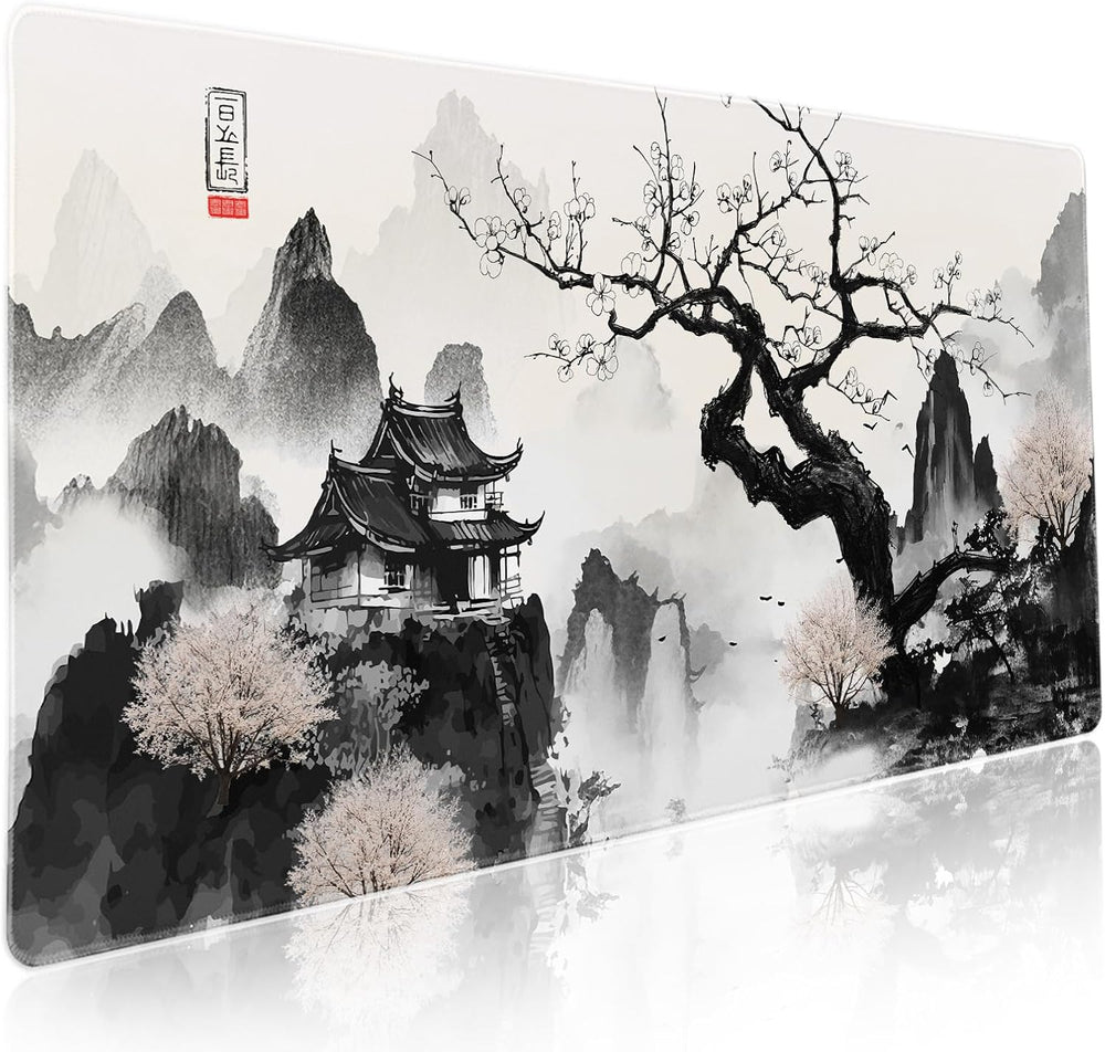 Anime Japanese Cherry Blossom Mouse Pad XXL – Sakura Tree & Mountain Design | Extra Large Desk Mat 90x40cm | Non-Slip Rubber Base, Stitched Edges, Extended Gaming Mousepad