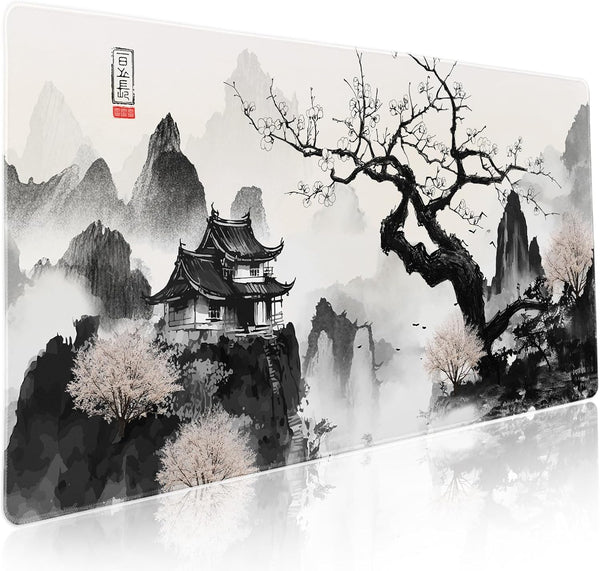 Anime Japanese Cherry Blossom Mouse Pad XXL – Sakura Tree & Mountain Design | Extra Large Desk Mat 90x40cm | Non-Slip Rubber Base, Stitched Edges, Extended Gaming Mousepad