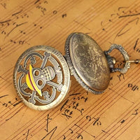 One Piece Antique Bronze Pirate Skull Quartz Pocket Watch Necklace