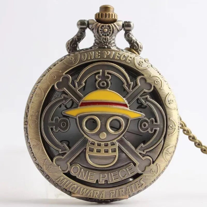 One Piece Antique Bronze Pirate Skull Quartz Pocket Watch Necklace