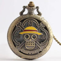 One Piece Antique Bronze Pirate Skull Quartz Pocket Watch Necklace